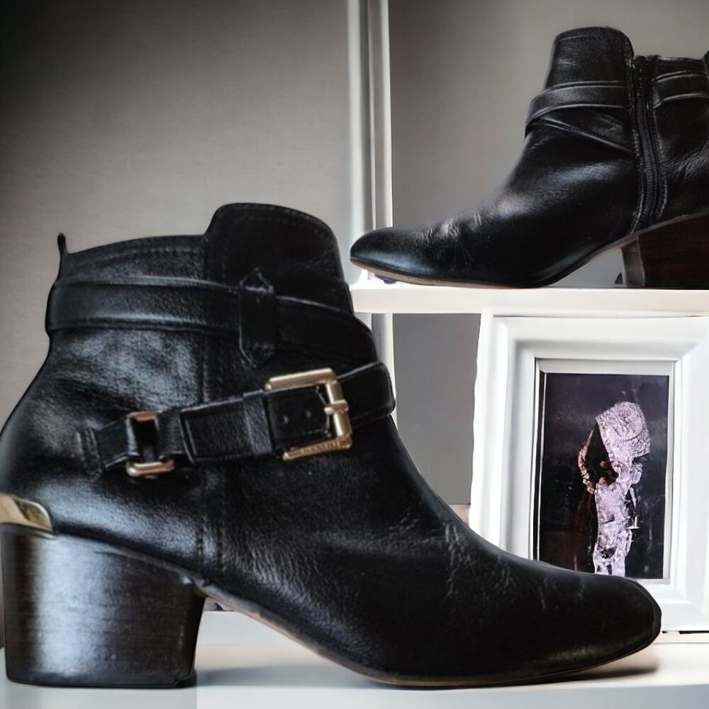 COACH (6B) Women's  "PAULINE" Black Leather Side Zip Buckles Heel Booties